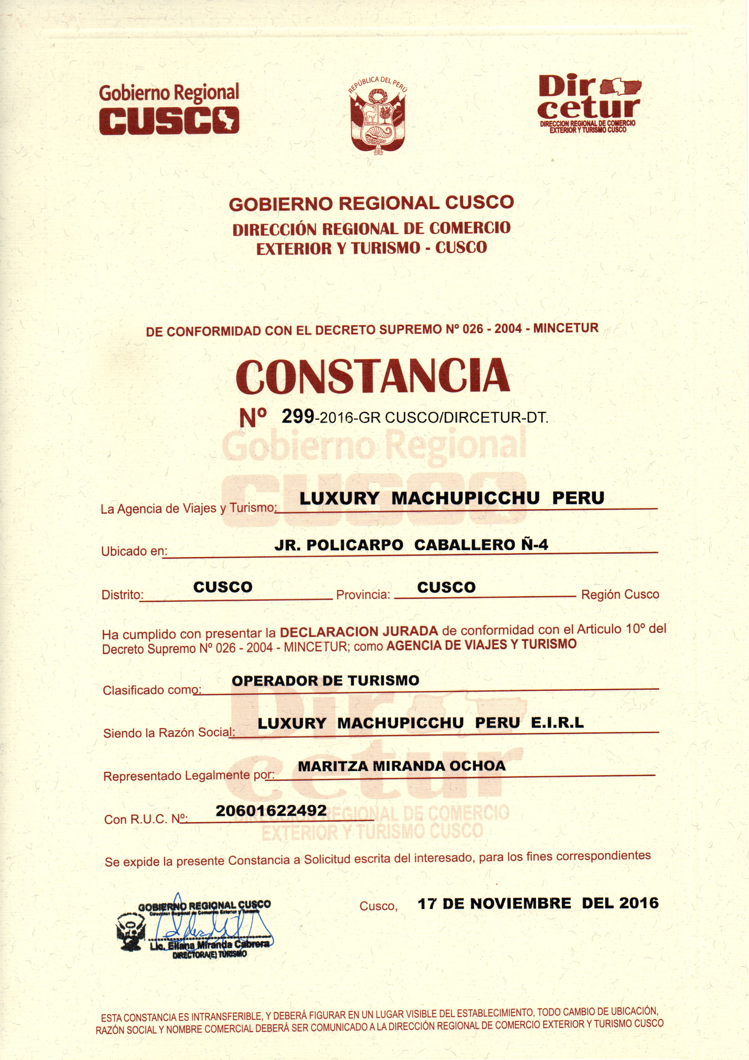 Constancia DIRCETUR LMP Travel